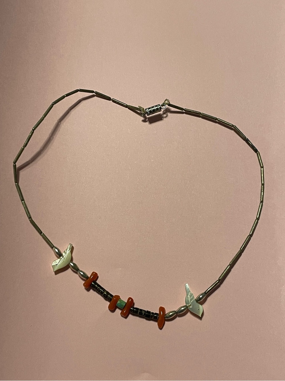 Vintage Native Turquoise Coral Heishi Liquid Silver MOP Bird Necklace #9380